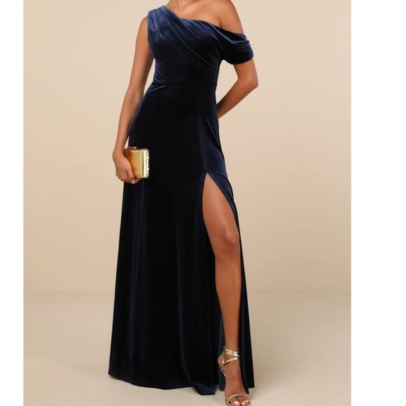 Lulus NWT Coveted Confidence Navy Blue Velvet Asymmetrical Maxi Dress Small - Picture 1 of 10
